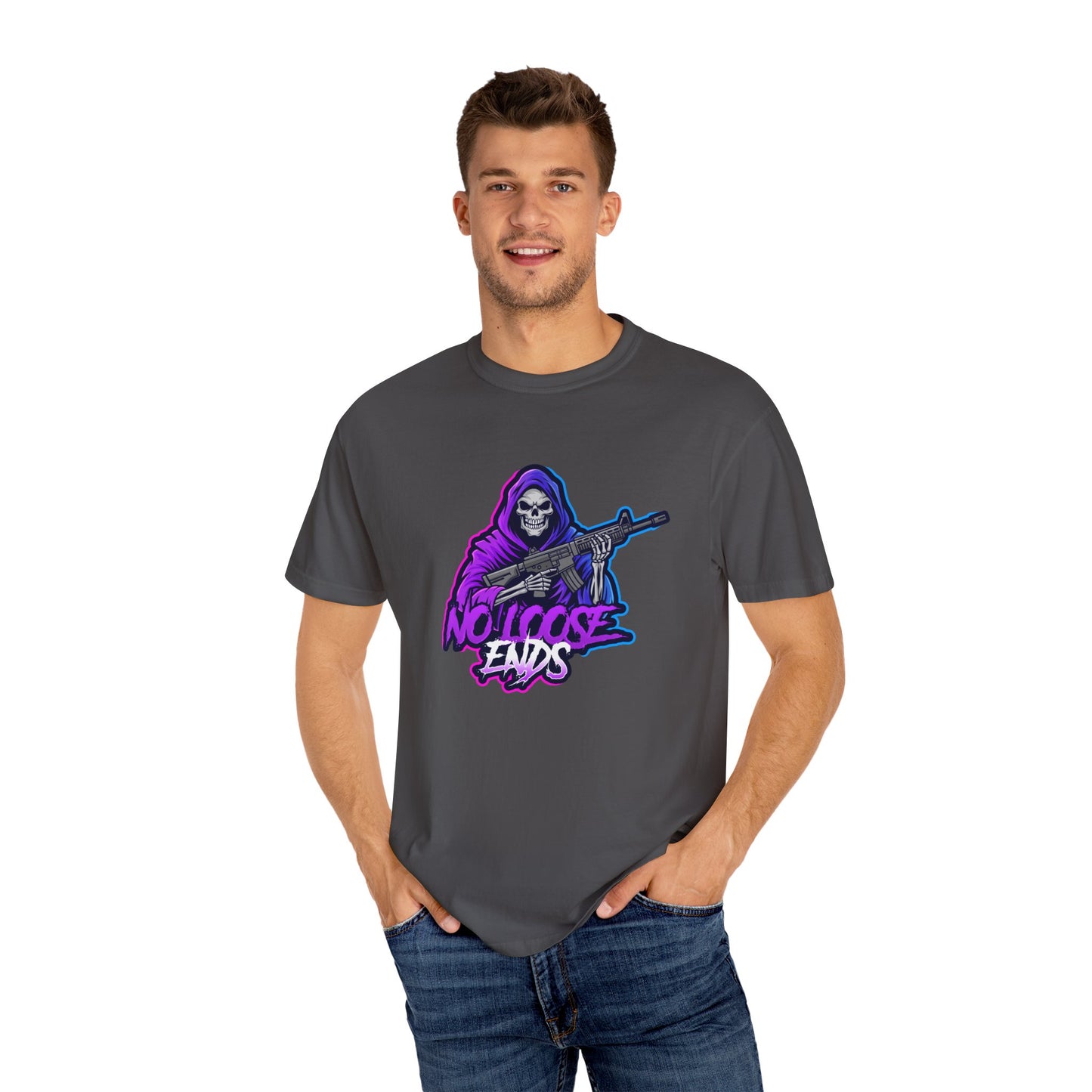 NLE First edition - Unisex Garment-Dyed T-shirt with Grim Reaper Design, Trendy Graphic Tee, Perfect Gift, Halloween Apparel, Casual Style