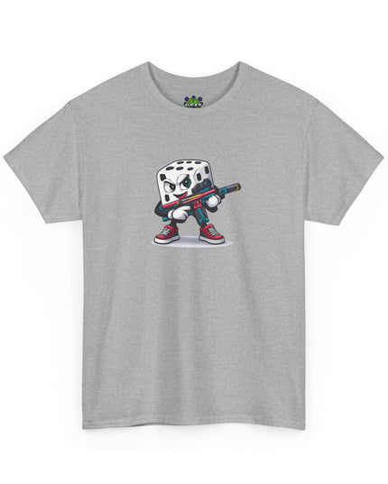 T-Shirt — Cartoon Dice Character with Baseball Bat Graphic Tee