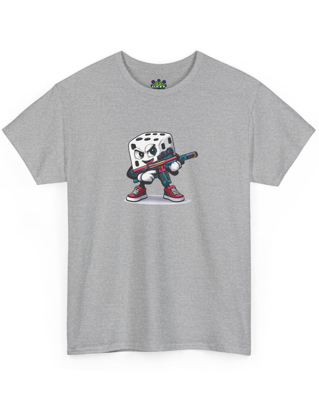 T-Shirt — Cartoon Dice Character with Baseball Bat Graphic Tee