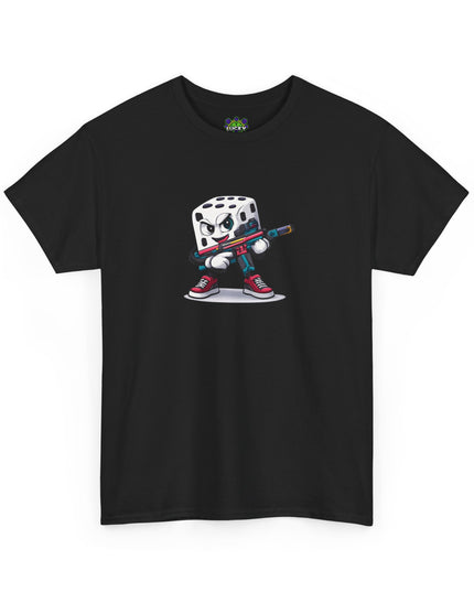T-Shirt — Cartoon Dice Character with Baseball Bat Graphic Tee