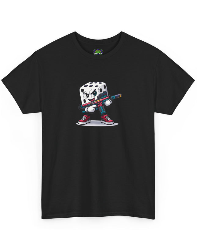 T-Shirt — Cartoon Dice Character with Baseball Bat Graphic Tee