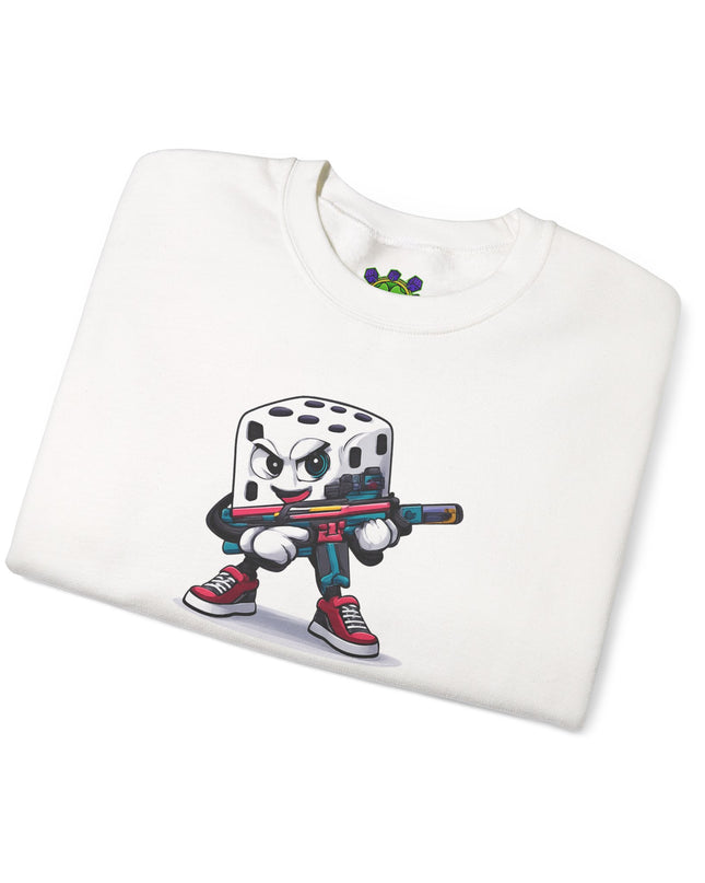 Dice Gamer Crewneck Sweatshirt — Cartoon Dice Character with Controller