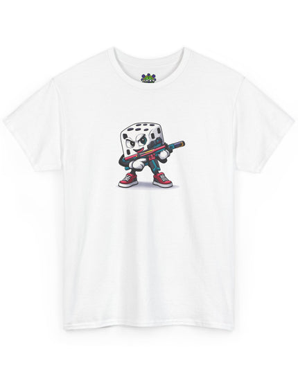 T-Shirt — Cartoon Dice Character with Baseball Bat Graphic Tee