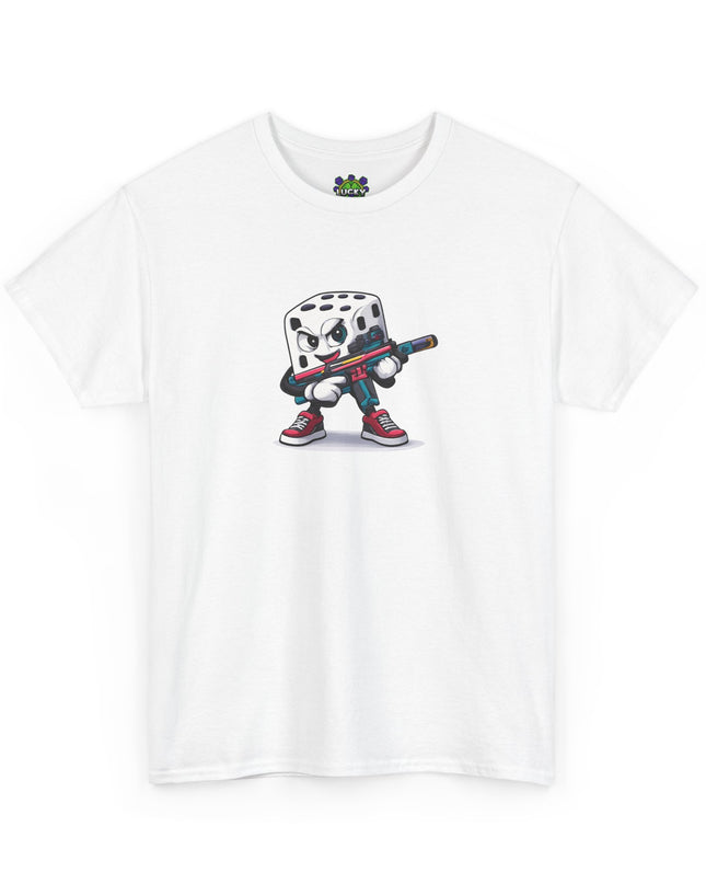 T-Shirt — Cartoon Dice Character with Baseball Bat Graphic Tee