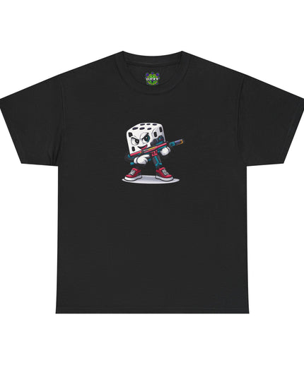 T-Shirt — Cartoon Dice Character with Baseball Bat Graphic Tee