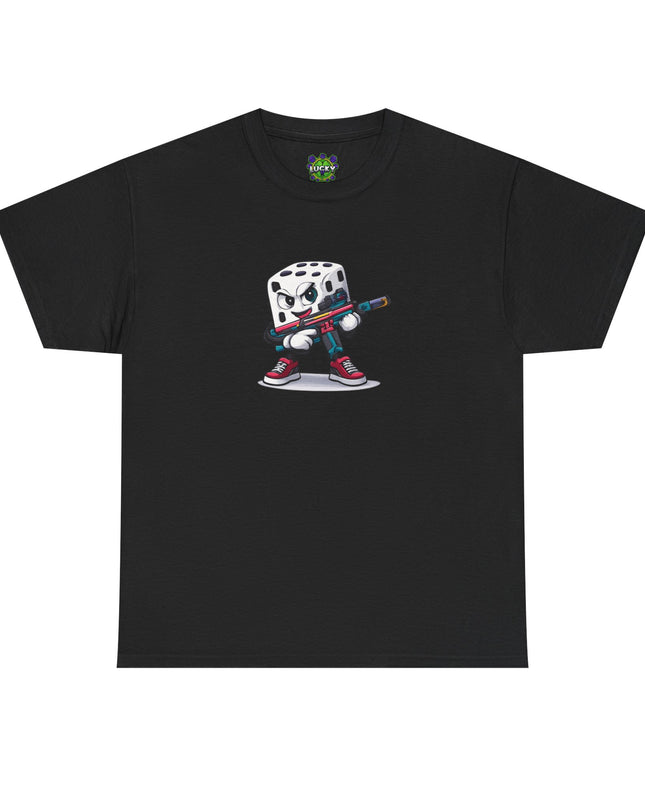 T-Shirt — Cartoon Dice Character with Baseball Bat Graphic Tee