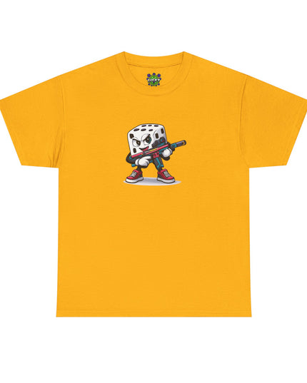 T-Shirt — Cartoon Dice Character with Baseball Bat Graphic Tee