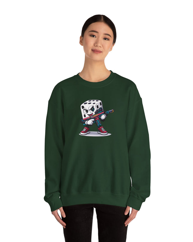 Dice Gamer Crewneck Sweatshirt — Cartoon Dice Character with Controller