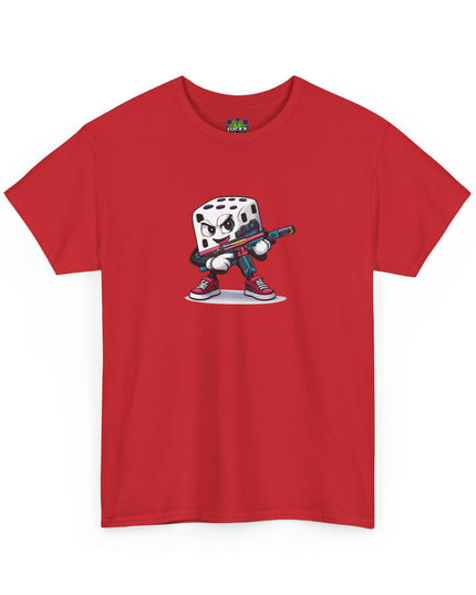 T-Shirt — Cartoon Dice Character with Baseball Bat Graphic Tee