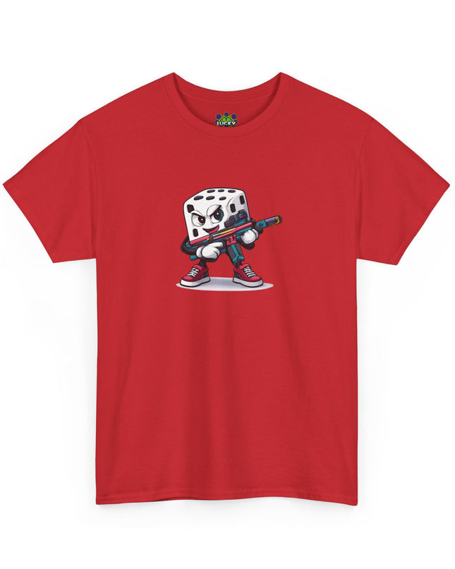 T-Shirt — Cartoon Dice Character with Baseball Bat Graphic Tee