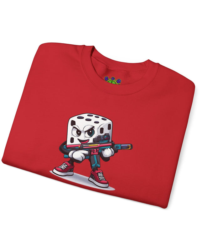 Dice Gamer Crewneck Sweatshirt — Cartoon Dice Character with Controller