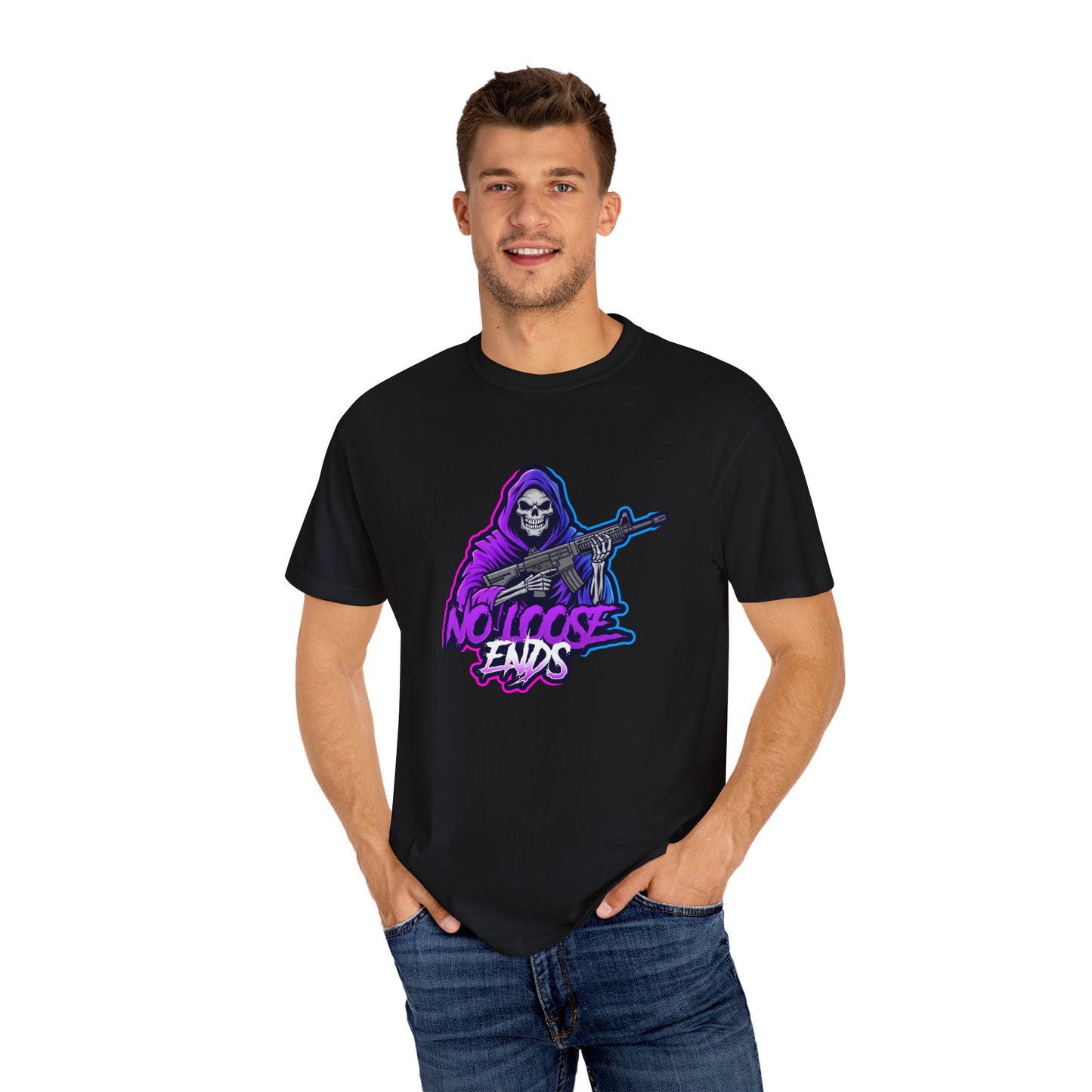 NLE First edition - Unisex Garment-Dyed T-shirt with Grim Reaper Design, Trendy Graphic Tee, Perfect Gift, Halloween Apparel, Casual Style
