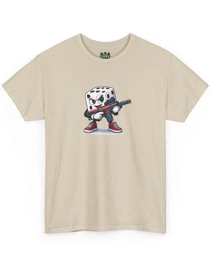 T-Shirt — Cartoon Dice Character with Baseball Bat Graphic Tee