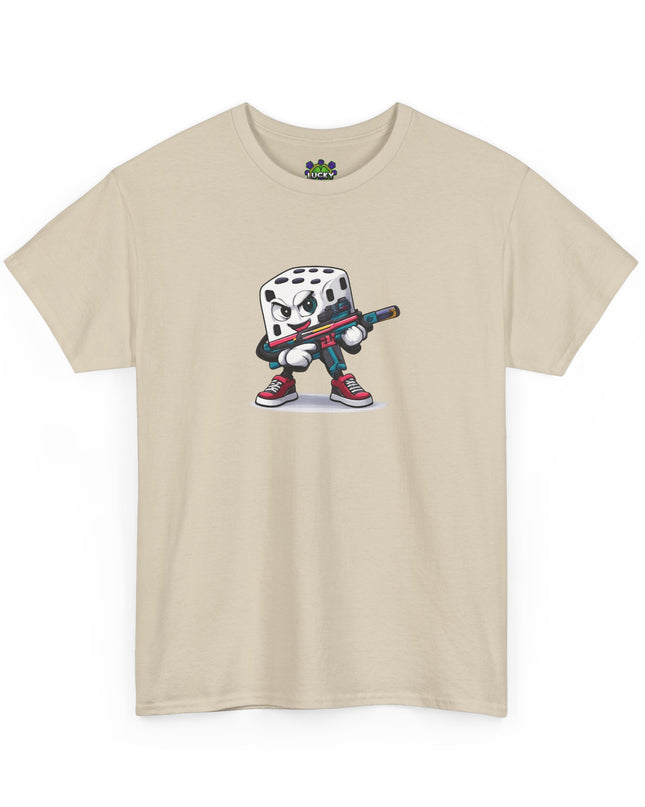 T-Shirt — Cartoon Dice Character with Baseball Bat Graphic Tee
