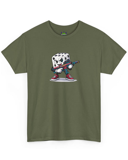T-Shirt — Cartoon Dice Character with Baseball Bat Graphic Tee
