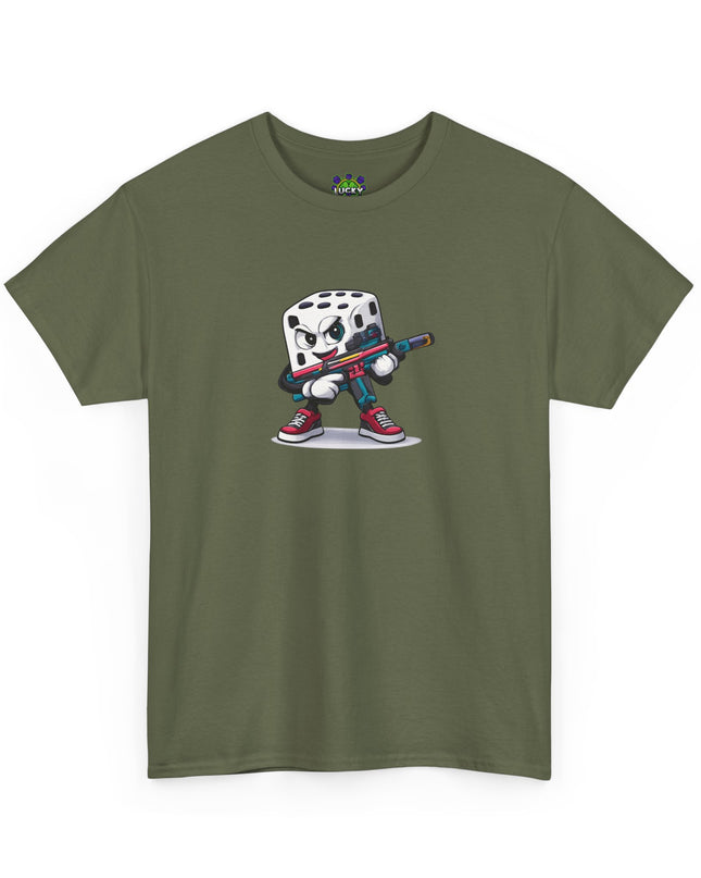 T-Shirt — Cartoon Dice Character with Baseball Bat Graphic Tee