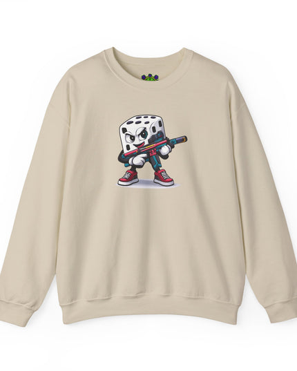 Dice Gamer Crewneck Sweatshirt — Cartoon Dice Character with Controller