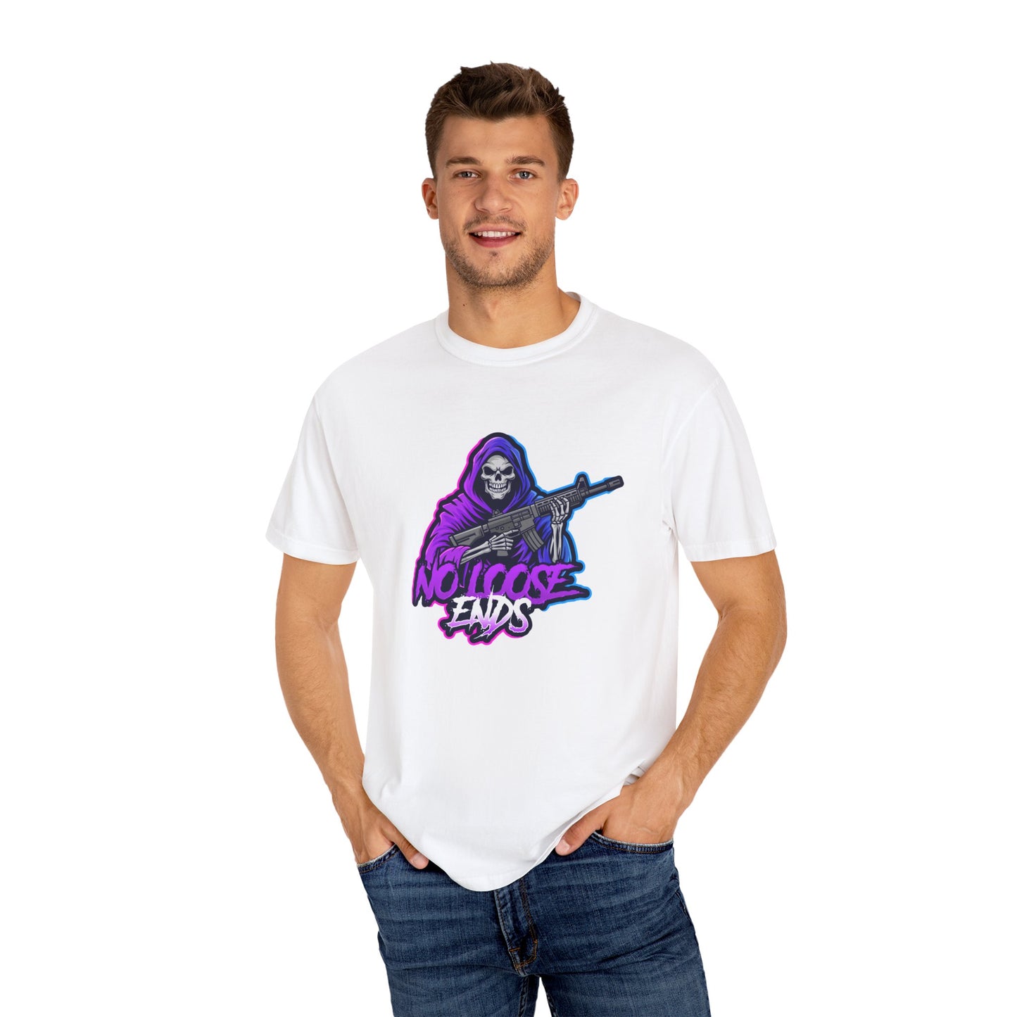 NLE First edition - Unisex Garment-Dyed T-shirt with Grim Reaper Design, Trendy Graphic Tee, Perfect Gift, Halloween Apparel, Casual Style