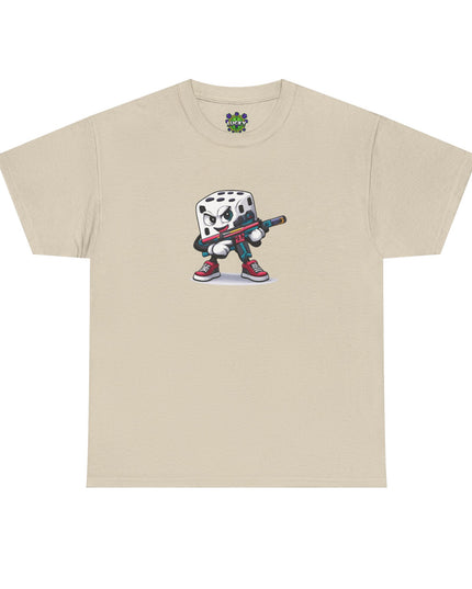 T-Shirt — Cartoon Dice Character with Baseball Bat Graphic Tee