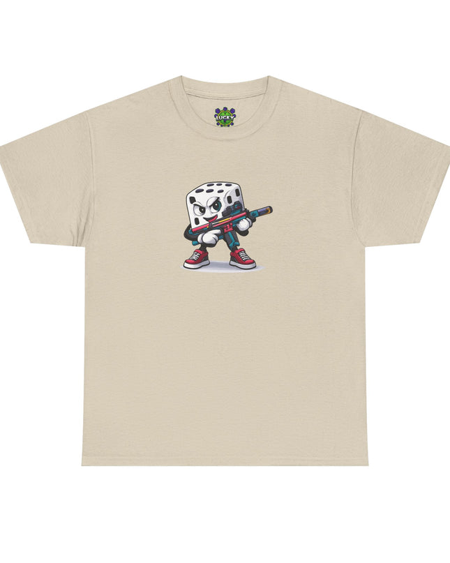 T-Shirt — Cartoon Dice Character with Baseball Bat Graphic Tee