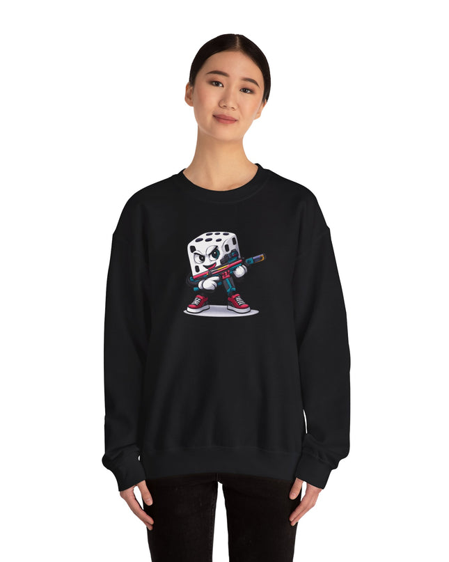 Dice Gamer Crewneck Sweatshirt — Cartoon Dice Character with Controller