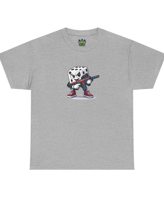 T-Shirt — Cartoon Dice Character with Baseball Bat Graphic Tee