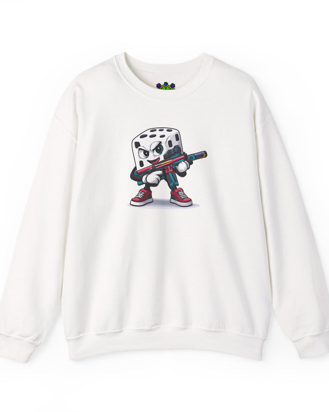 Dice Gamer Crewneck Sweatshirt — Cartoon Dice Character with Controller