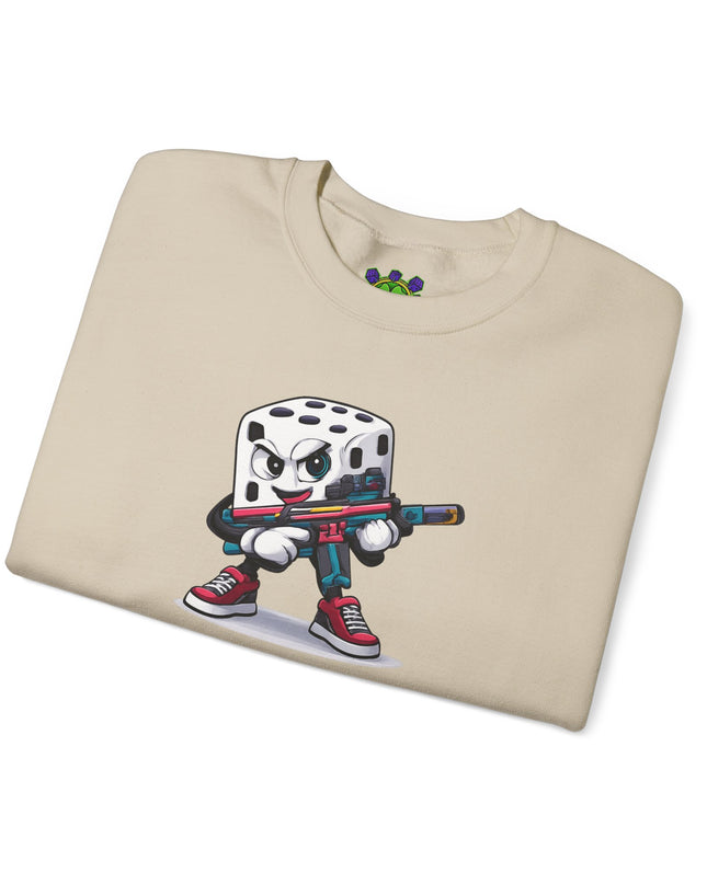 Dice Gamer Crewneck Sweatshirt — Cartoon Dice Character with Controller