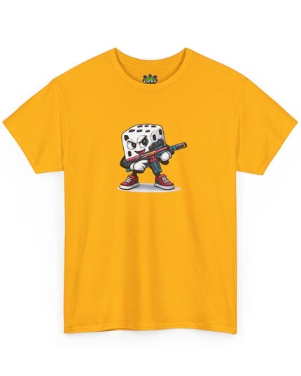 T-Shirt — Cartoon Dice Character with Baseball Bat Graphic Tee