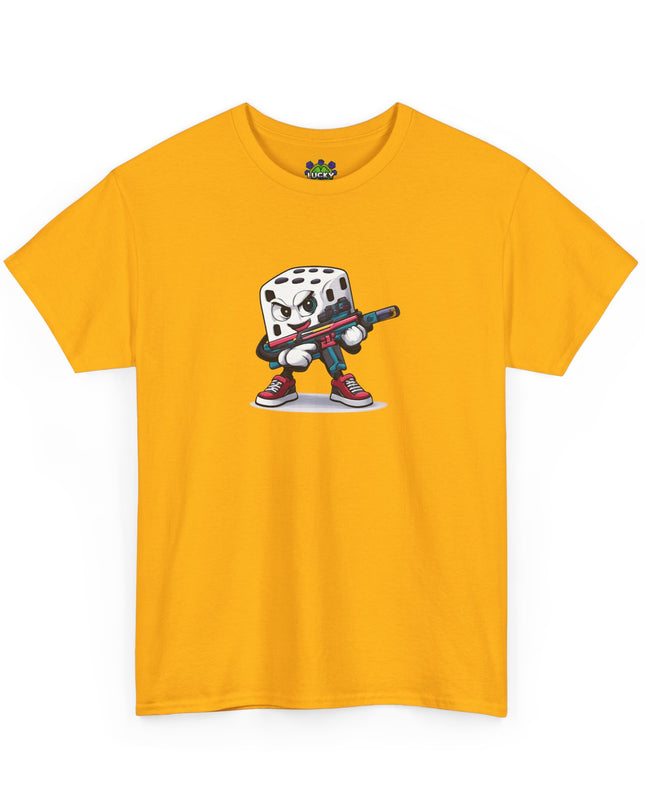 T-Shirt — Cartoon Dice Character with Baseball Bat Graphic Tee