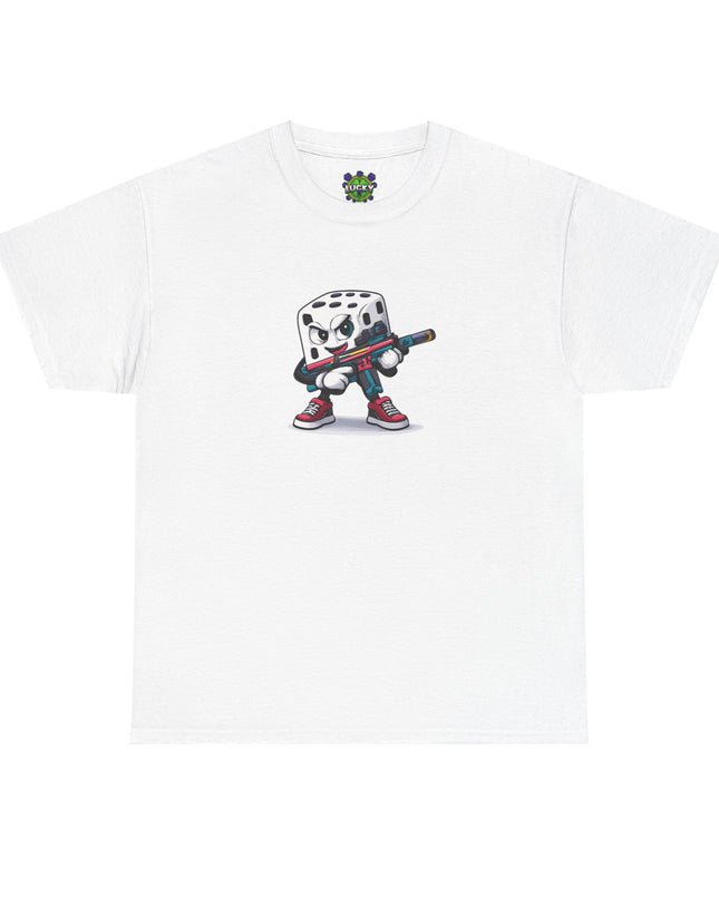T-Shirt — Cartoon Dice Character with Baseball Bat Graphic Tee