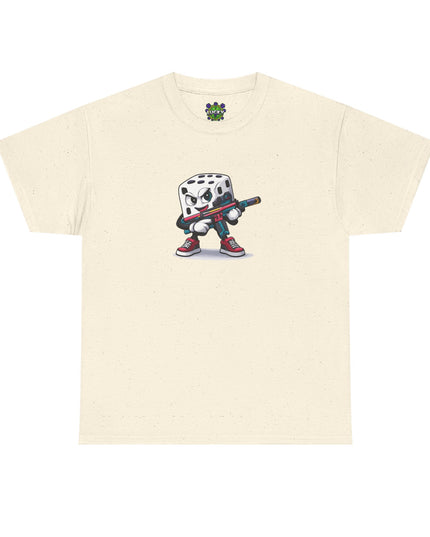 T-Shirt — Cartoon Dice Character with Baseball Bat Graphic Tee