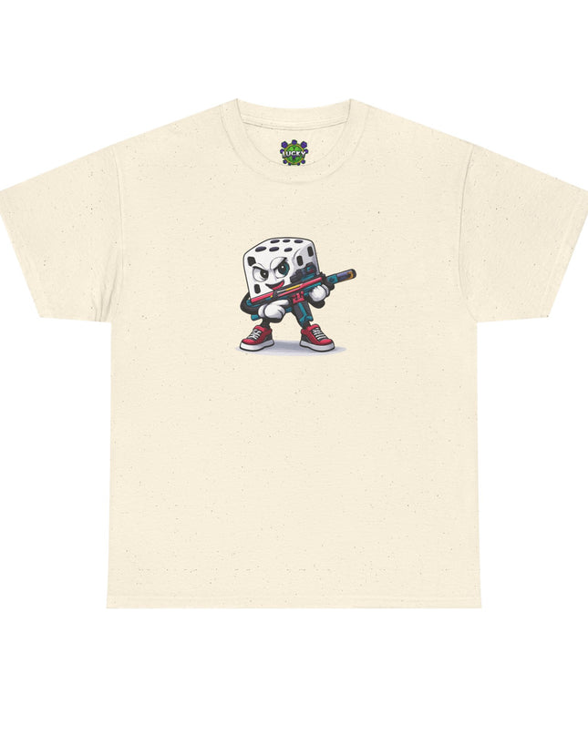 T-Shirt — Cartoon Dice Character with Baseball Bat Graphic Tee