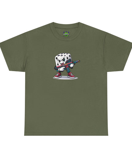 T-Shirt — Cartoon Dice Character with Baseball Bat Graphic Tee