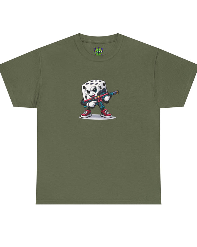 T-Shirt — Cartoon Dice Character with Baseball Bat Graphic Tee