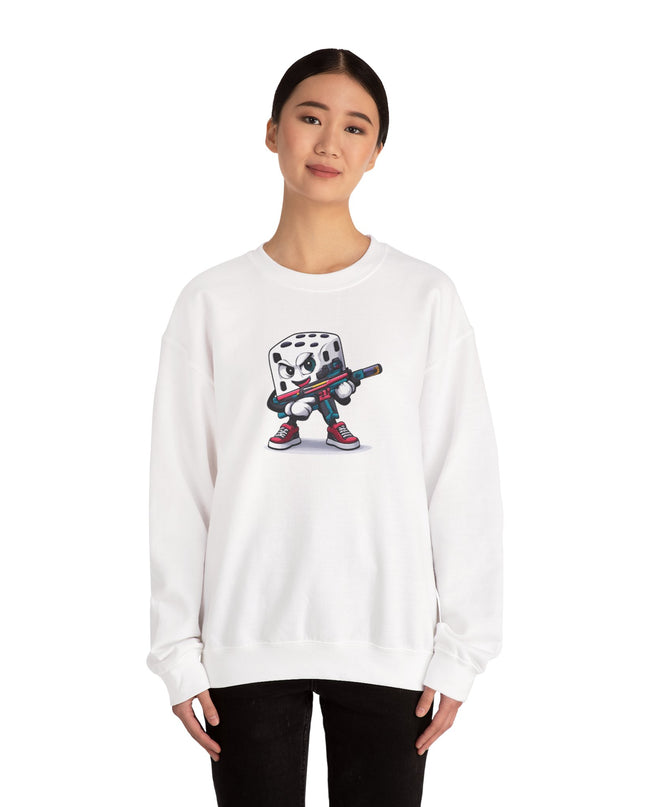 Dice Gamer Crewneck Sweatshirt — Cartoon Dice Character with Controller