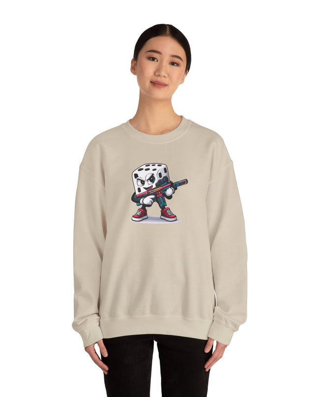 Dice Gamer Crewneck Sweatshirt — Cartoon Dice Character with Controller