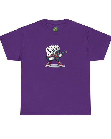 T-Shirt — Cartoon Dice Character with Baseball Bat Graphic Tee