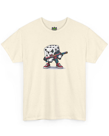T-Shirt — Cartoon Dice Character with Baseball Bat Graphic Tee