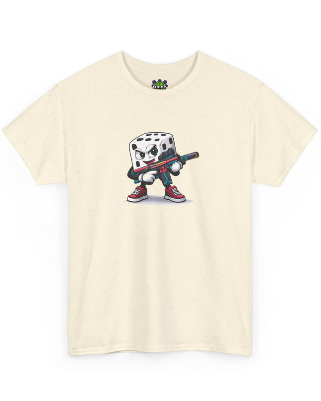 T-Shirt — Cartoon Dice Character with Baseball Bat Graphic Tee