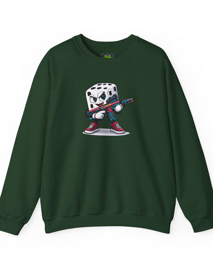 Dice Gamer Crewneck Sweatshirt — Cartoon Dice Character with Controller